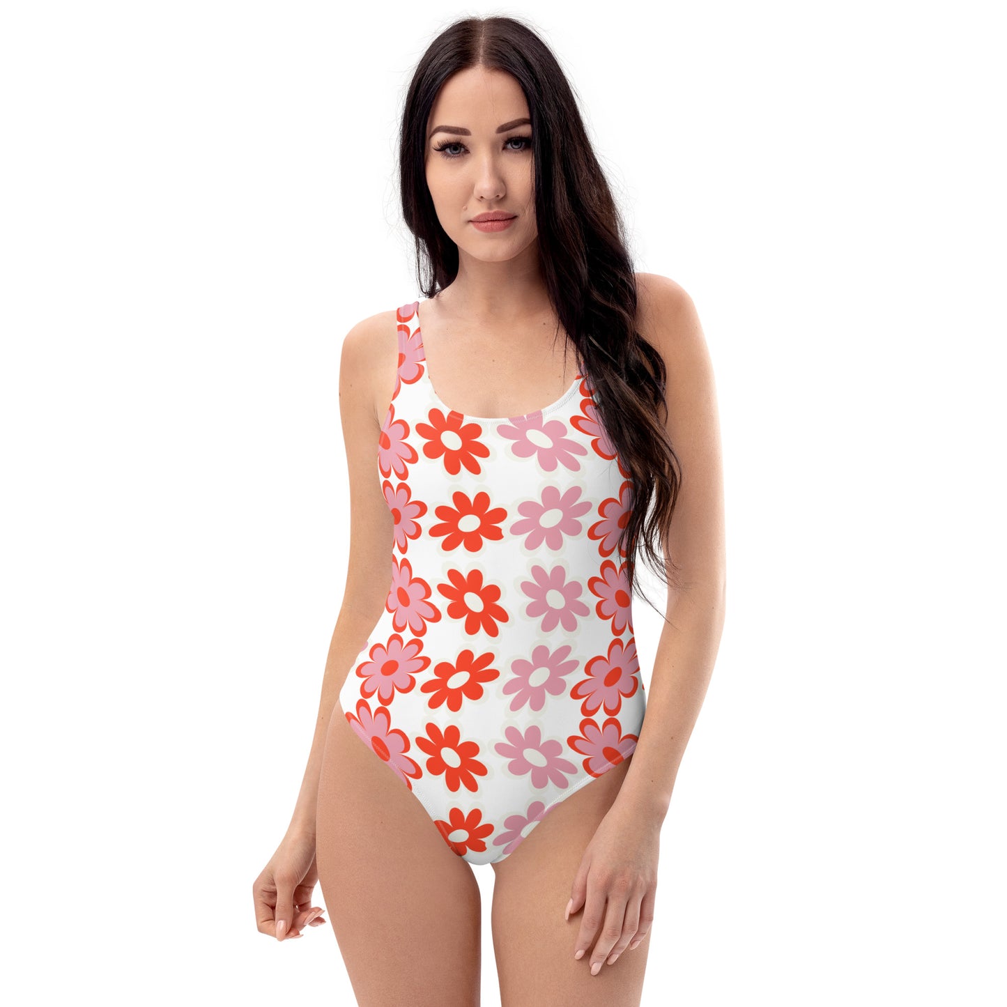 Red & Pink Flower Pattern One-Piece Swimsuit