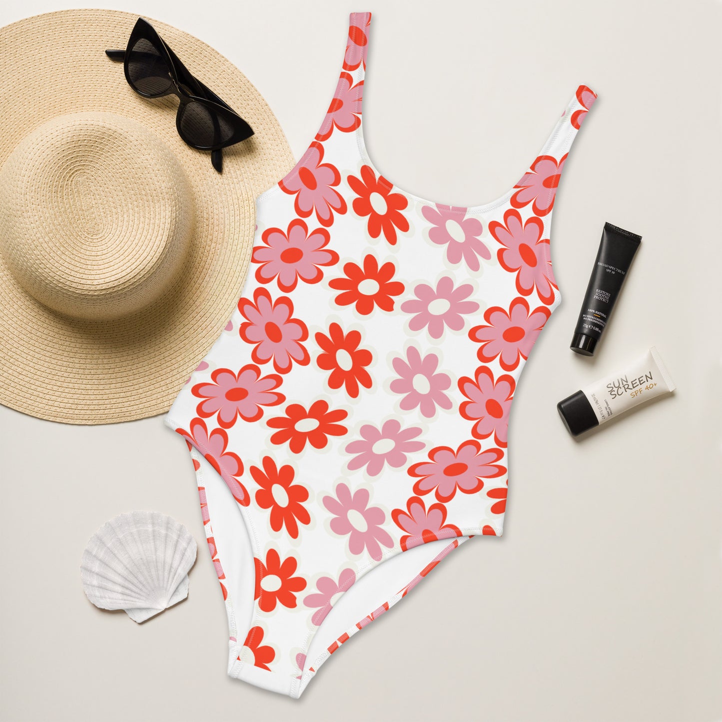 Red & Pink Flower Pattern One-Piece Swimsuit