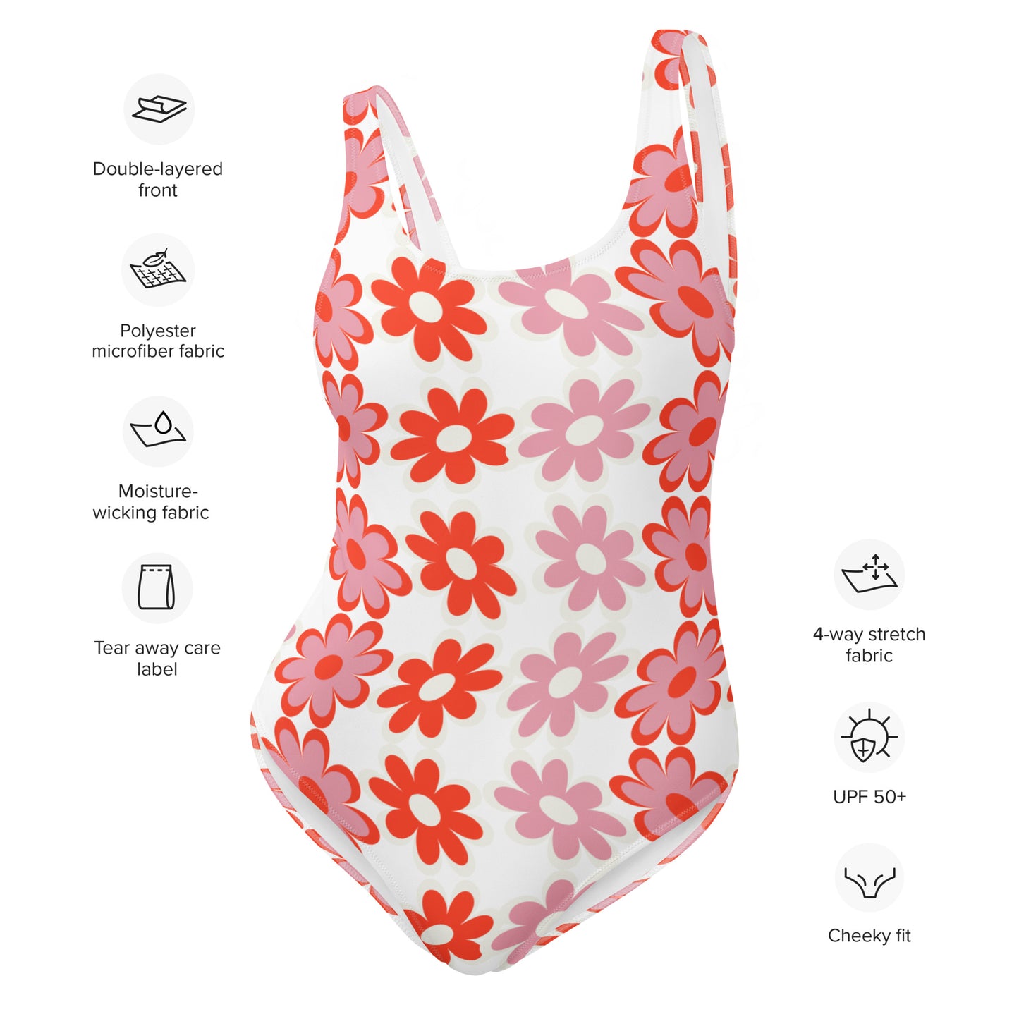 Red & Pink Flower Pattern One-Piece Swimsuit