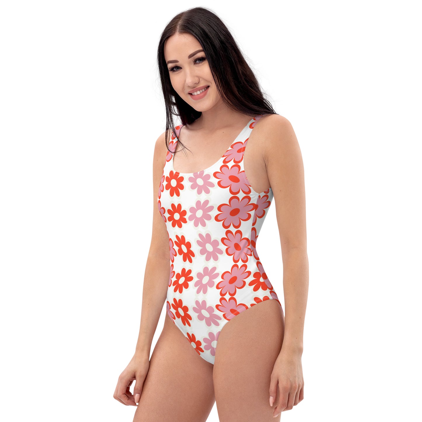 Red & Pink Flower Pattern One-Piece Swimsuit