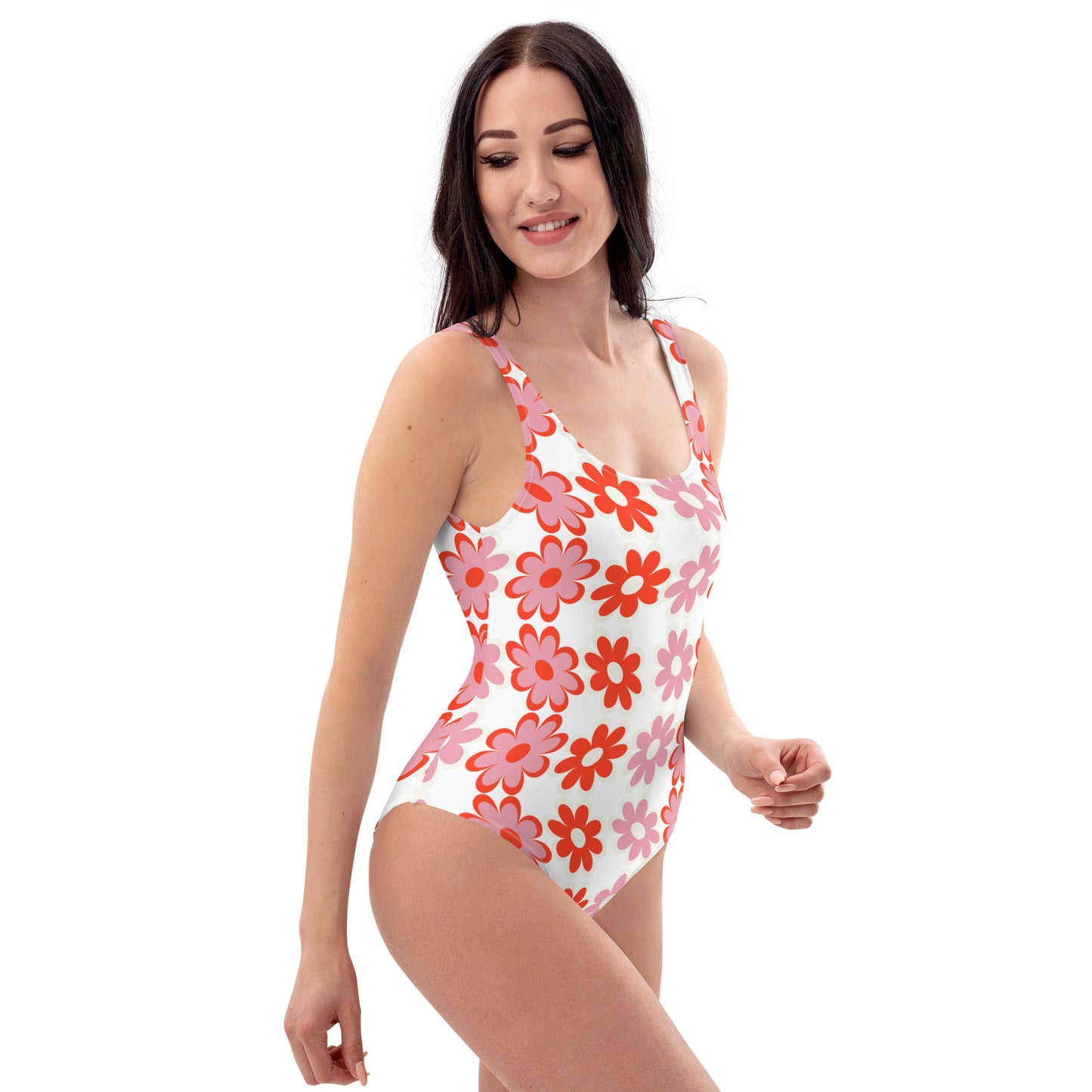 Red & Pink Flower Pattern One-Piece Swimsuit