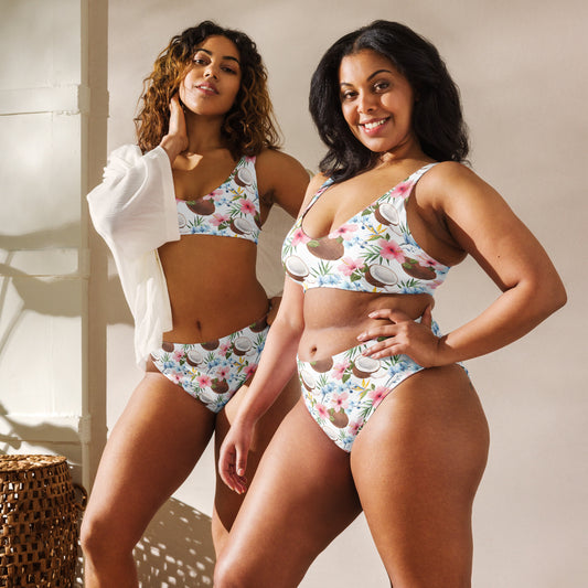 Tropical Coconuts & Hibiscus Recycled high-waisted bikini