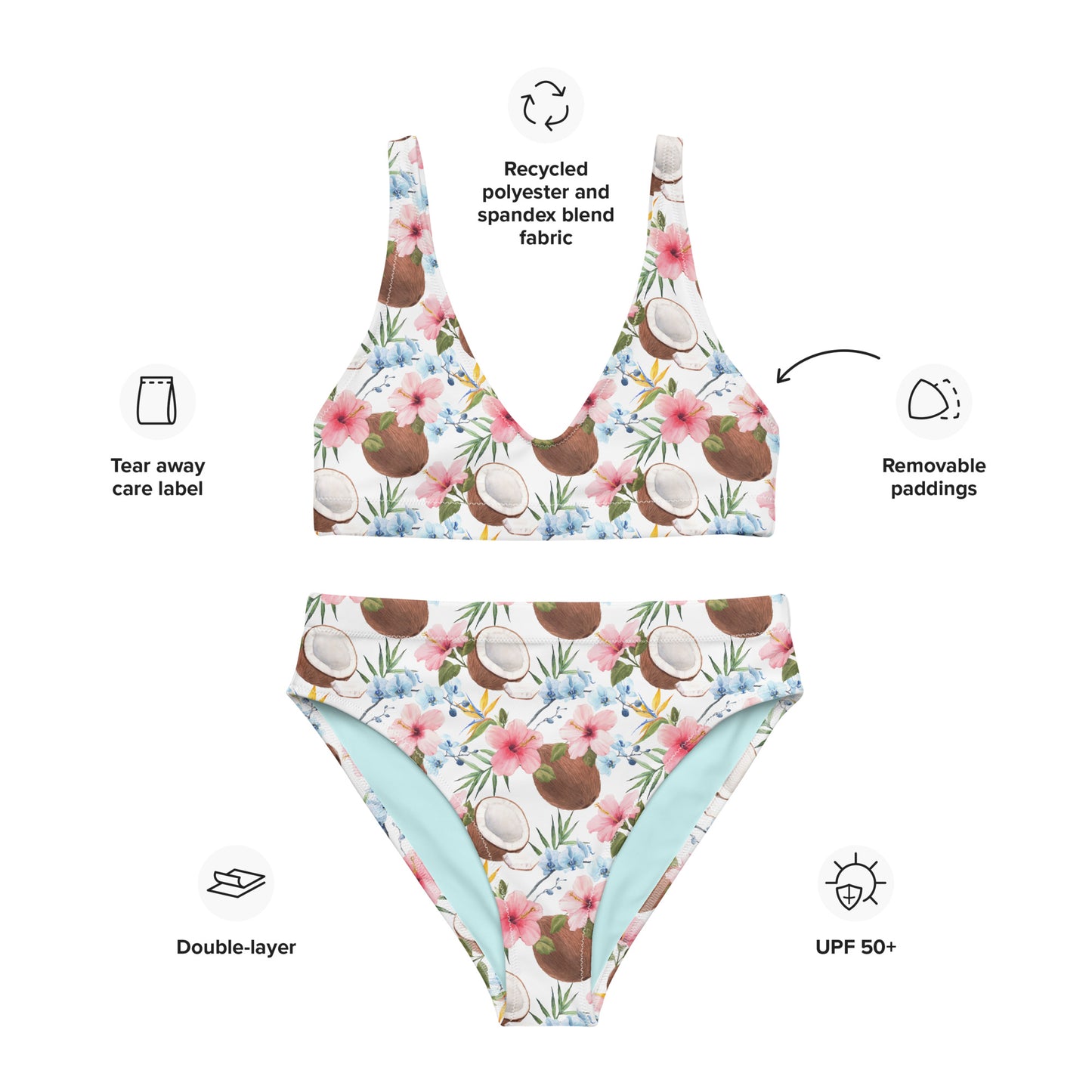 Tropical Coconuts & Hibiscus Recycled high-waisted bikini