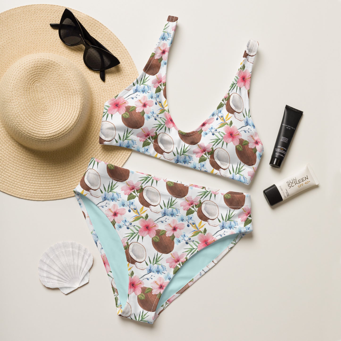 Tropical Coconuts & Hibiscus Recycled high-waisted bikini