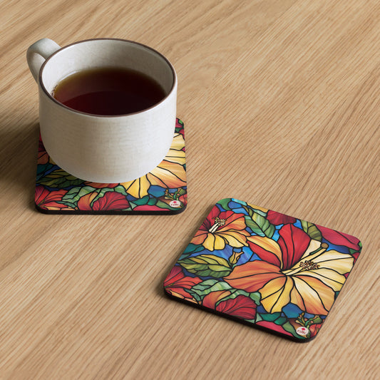 Hibiscus Flowers Stained Glass Cork-back coaster