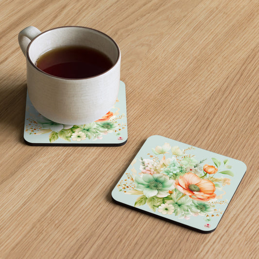 Mint Green Full Bloom Flowers Cork-back coaster