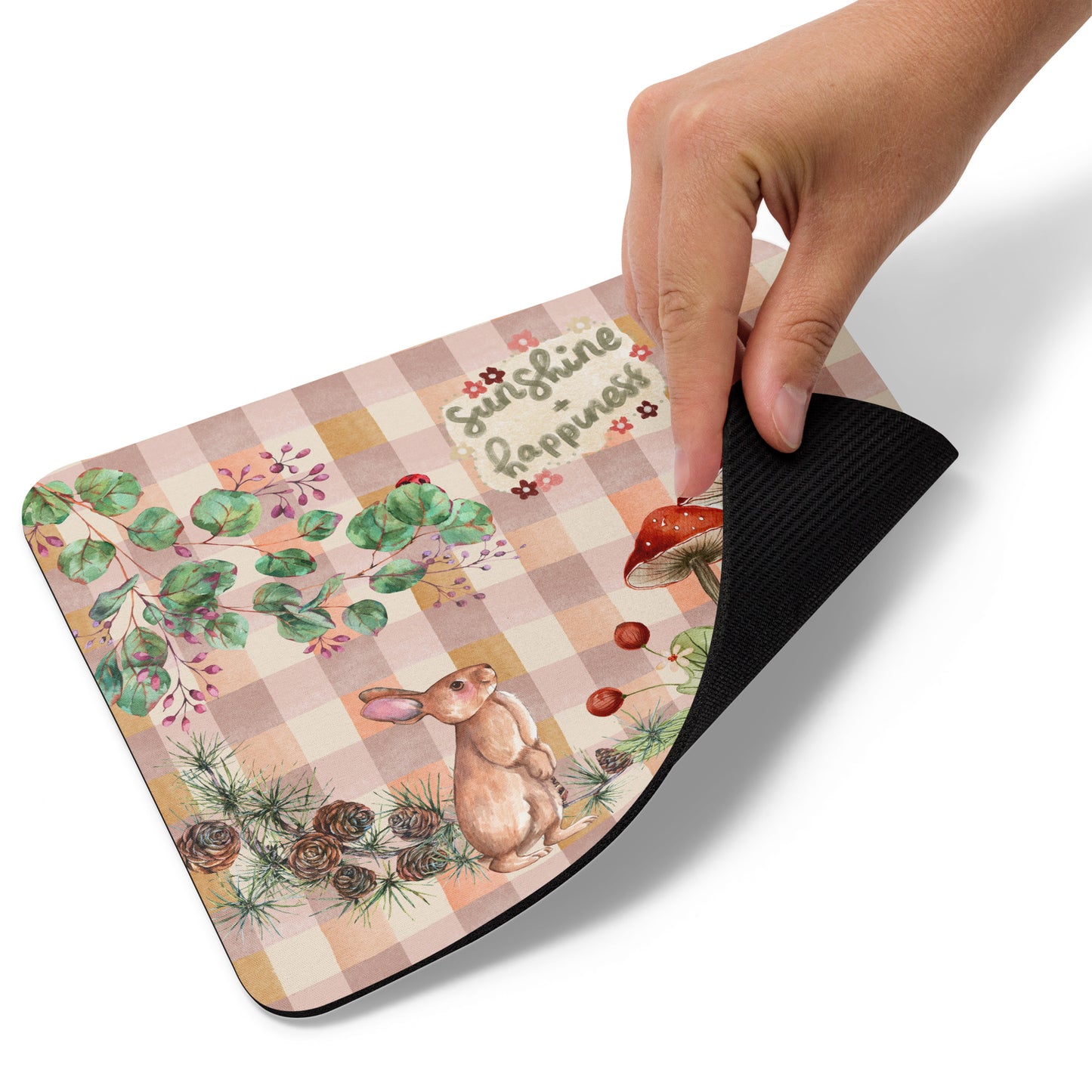 Sunshine + Happiness Bunny Mushroom Garden Mouse pad