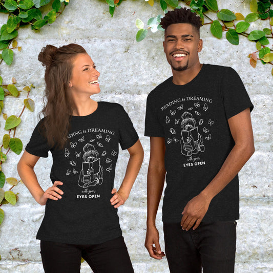 Reading Is Dreaming With Eyes Open Bookish Booklover Unisex Graphic Printed Dark T-Shirt Bella Canvas 3001