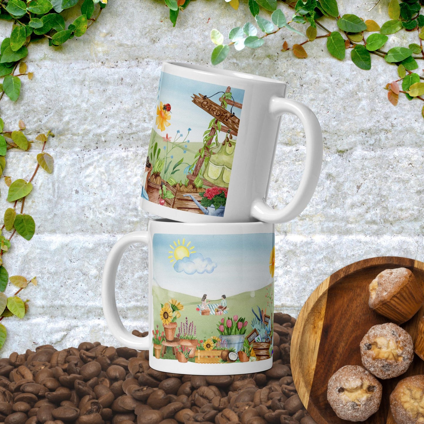 Garden Painting In Watercolor White Glossy Mug