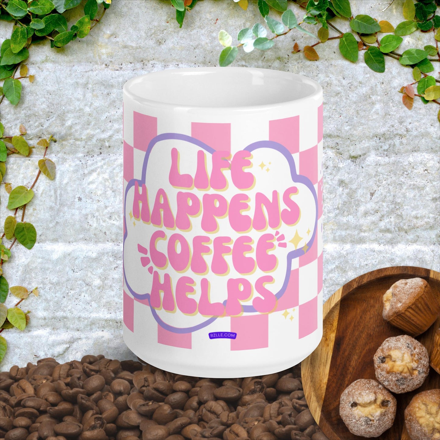 Pink & White Checkered Life Happens White glossy mug