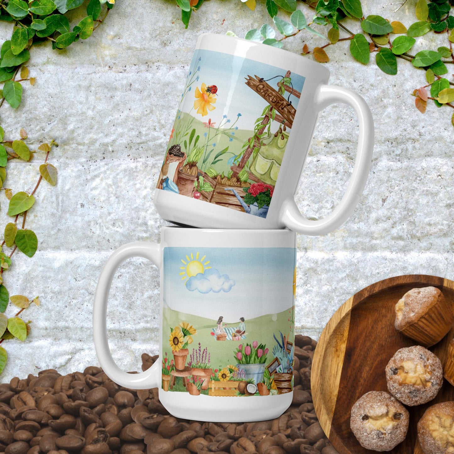 Garden Painting In Watercolor White Glossy Mug