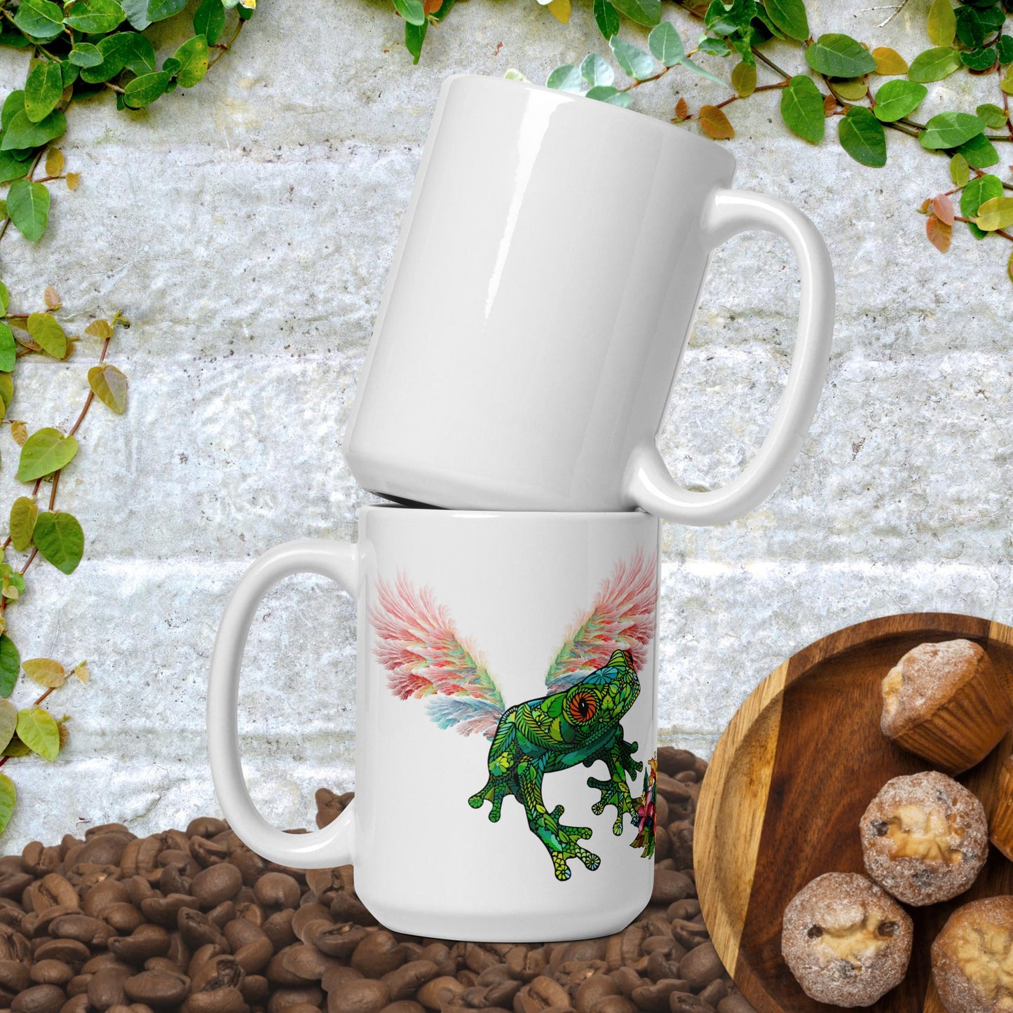 Stained Glass Frog with Wings White glossy mug