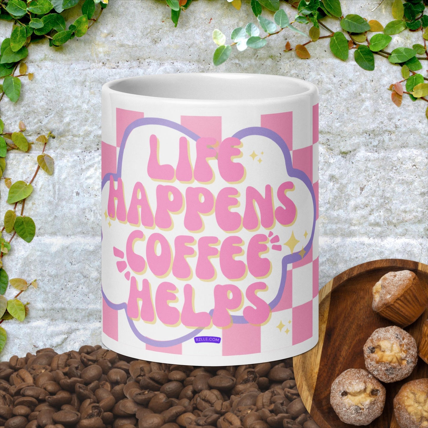 Pink & White Checkered Life Happens White glossy mug