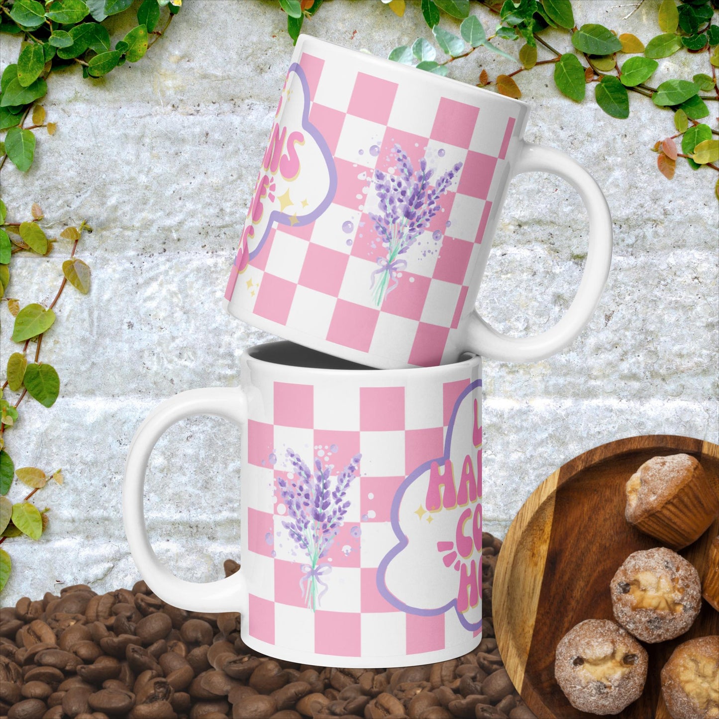 Pink & White Checkered Life Happens White glossy mug