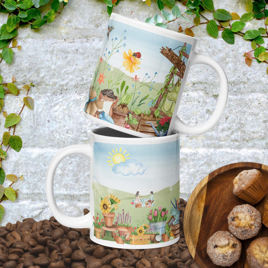 Garden Painting In Watercolor White Glossy Mug