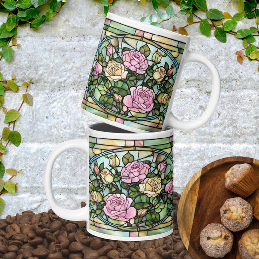 Roses Flowers Stained Glass White glossy mug