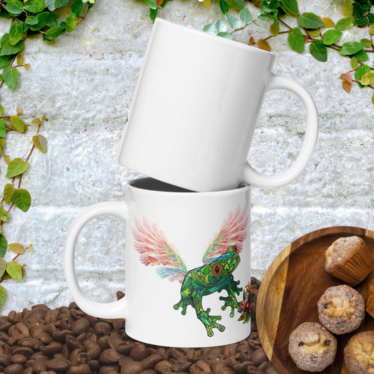 Stained Glass Frog with Wings White glossy mug